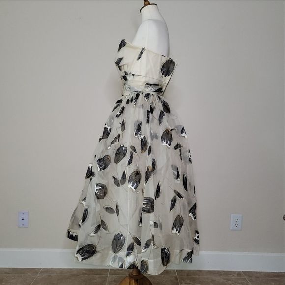 VINTAGE Clifton Wilhite Dallas Cream Floral Tea Length Dress Gown - sz. S - Picture 4 of 16